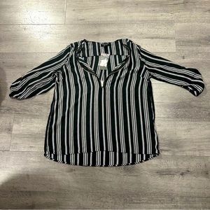 3 for $20 Loose fit striped shirt, 3/4 sleeve with button detail zip front